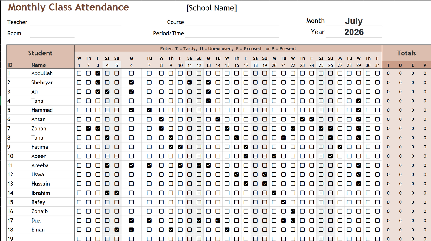 Monthly Class Attendance Tracker