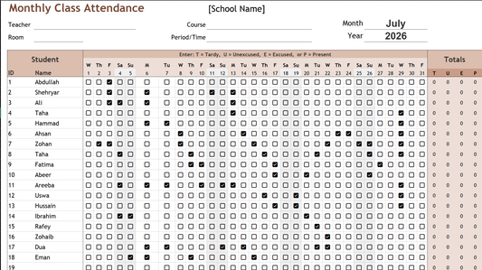 Monthly Class Attendance Tracker